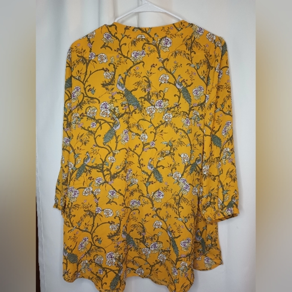 Rose Olive 1X Peacock Floral Peasant Blouse Top Mustard Yellow Button Flowy Boho - Picture 2 of 13